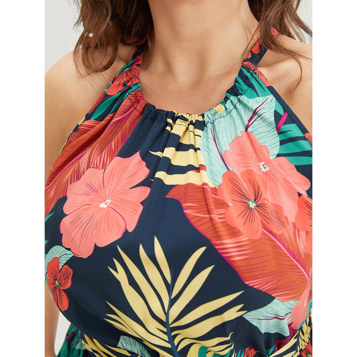 Plus Size Tropical Print Ruffle Hem Pocket Belt Knotted Halter Dress DarkBlue Women Vacation Cross straps Halter neck Sleeveless Curvy Midi Dress BloomChic 18-20/2X Product Image