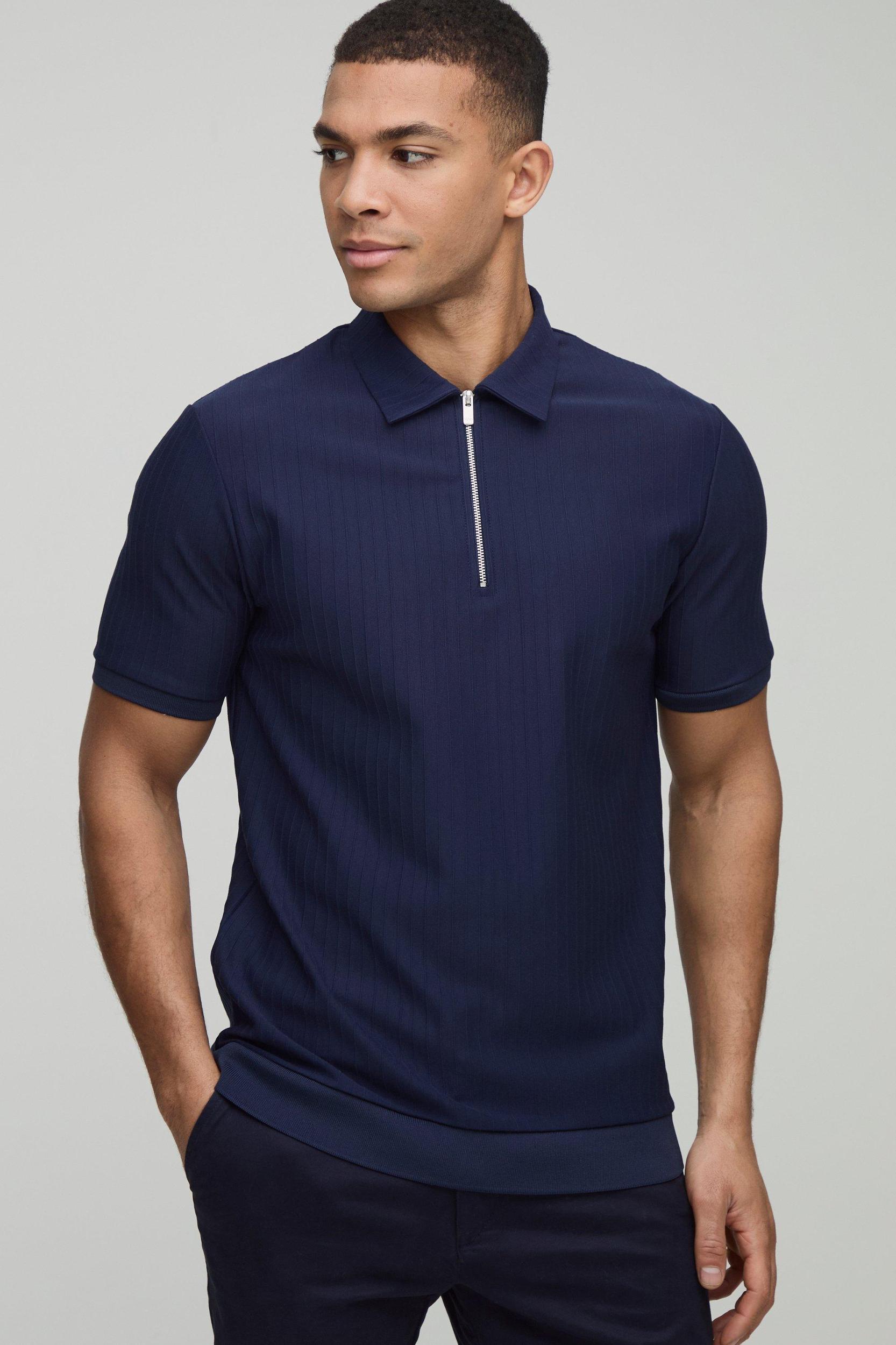 Slim Fit Zip Collar Textured Stripe Short Sleeve Polo | boohooMAN USA Product Image