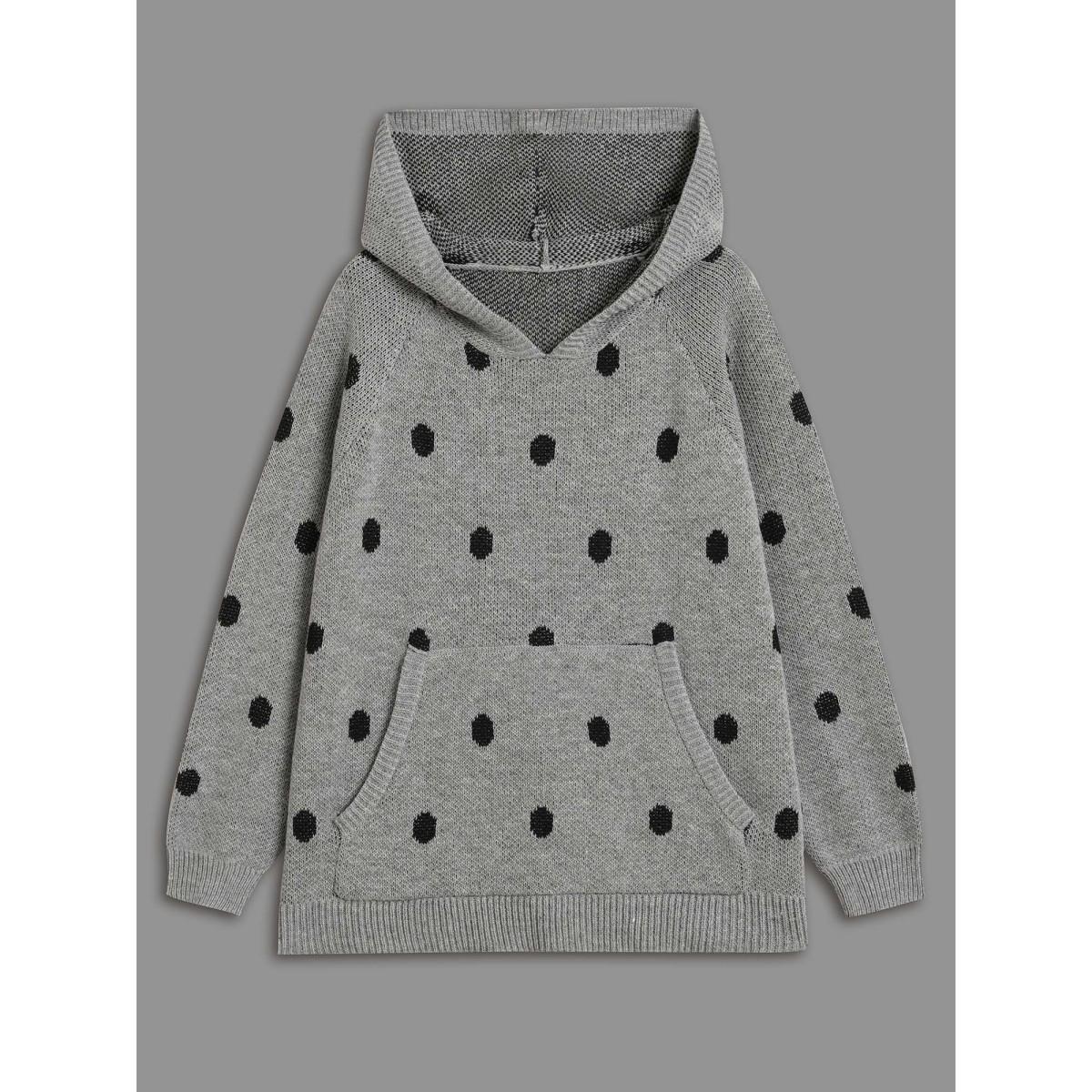 Plus Size Polka Dot Hooded Patch Pocket Pullover Mediumgray Women Casual Loose Long Sleeve Hooded Everyday Pullovers BloomChic 12/L Product Image