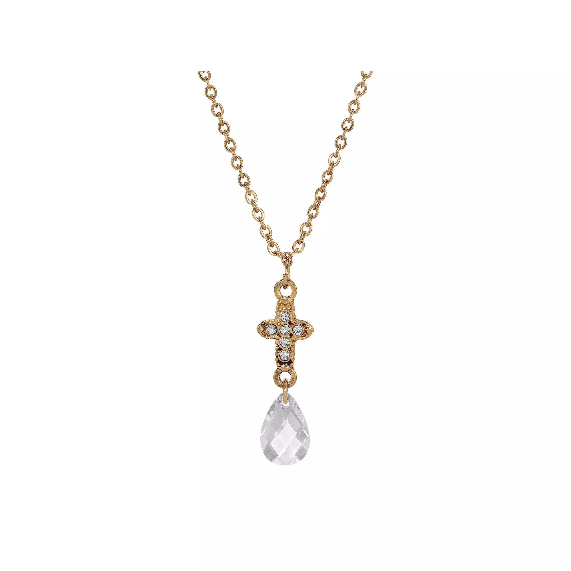 Symbols of Faith Gold Tone Crystal Cross Briolette Y-Necklace, Womens, White Product Image