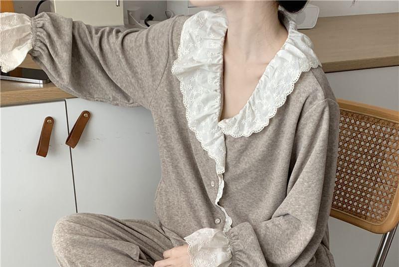 Loungewear Set : Long-Sleeve Lace Trim Shirt + Pants Product Image