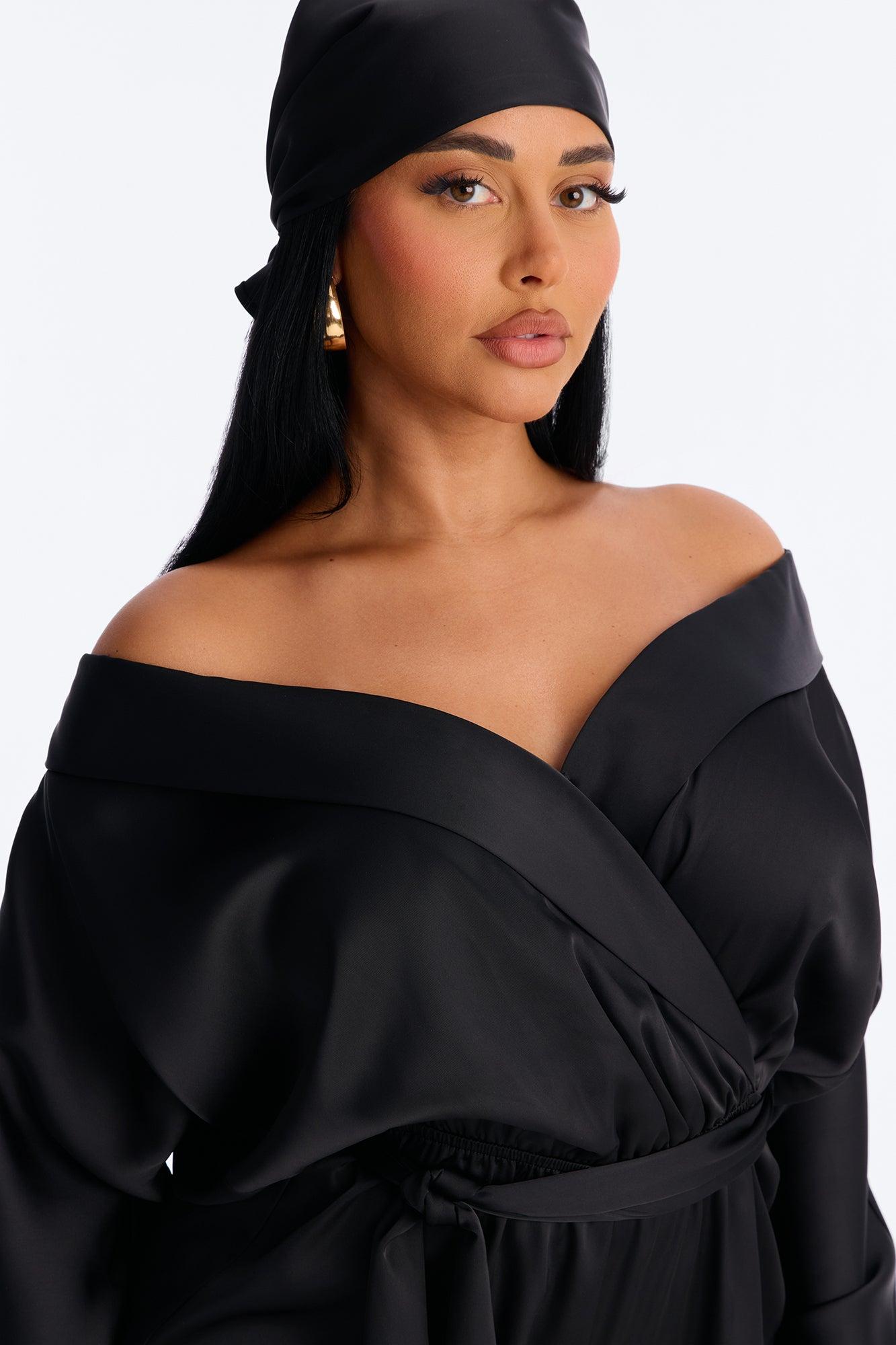 Gelina Satin Romper And Headscarf 2 Piece Set - Black Female Product Image