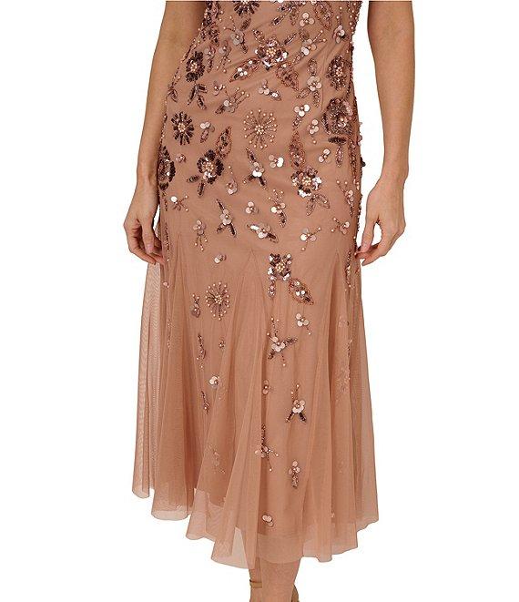 Adrianna Papell Beaded Mesh Boat Neck Cap Sleeve Dress Product Image