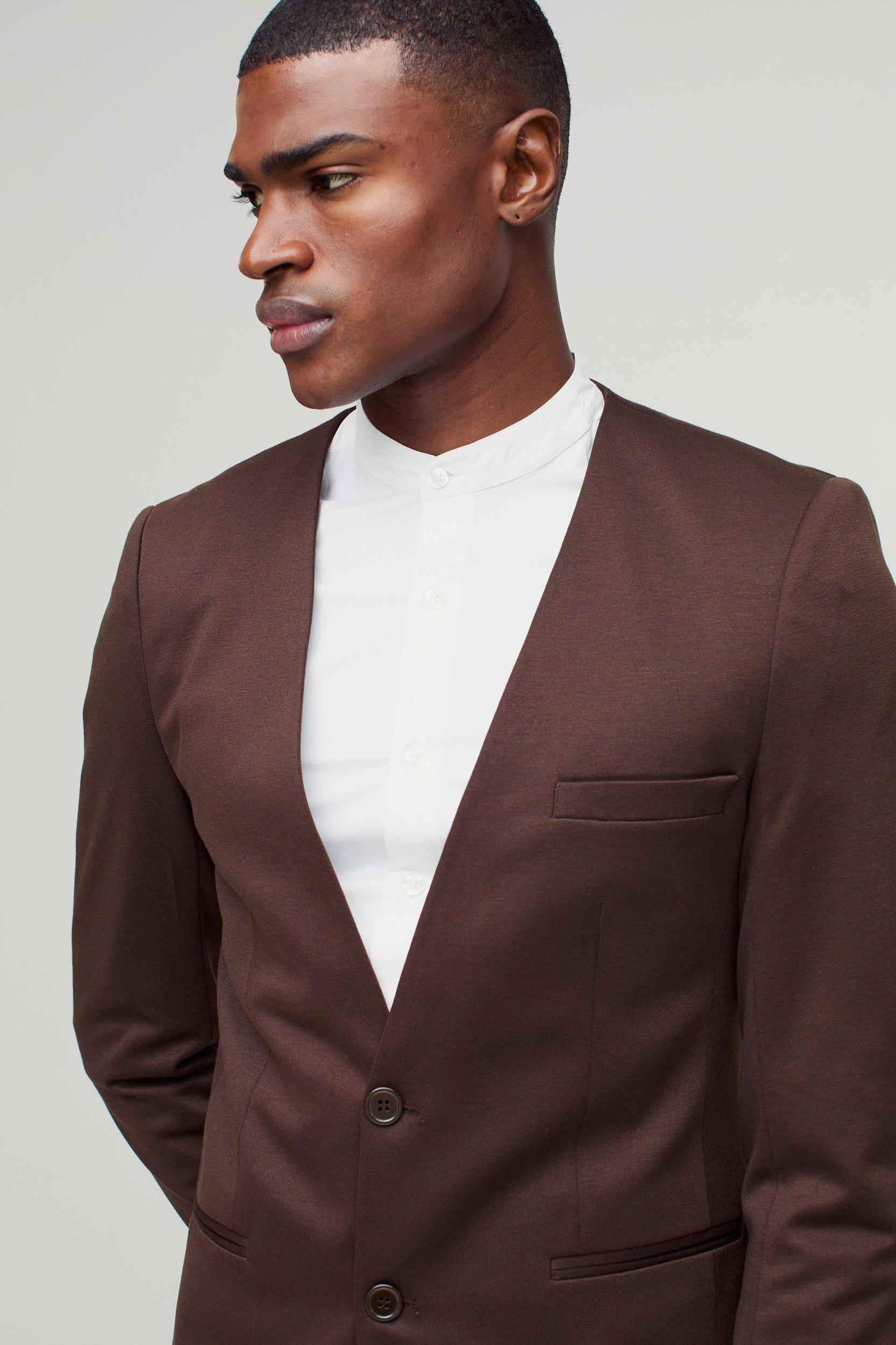 Slim Collarless Jersey Blazer | boohooMAN USA Product Image