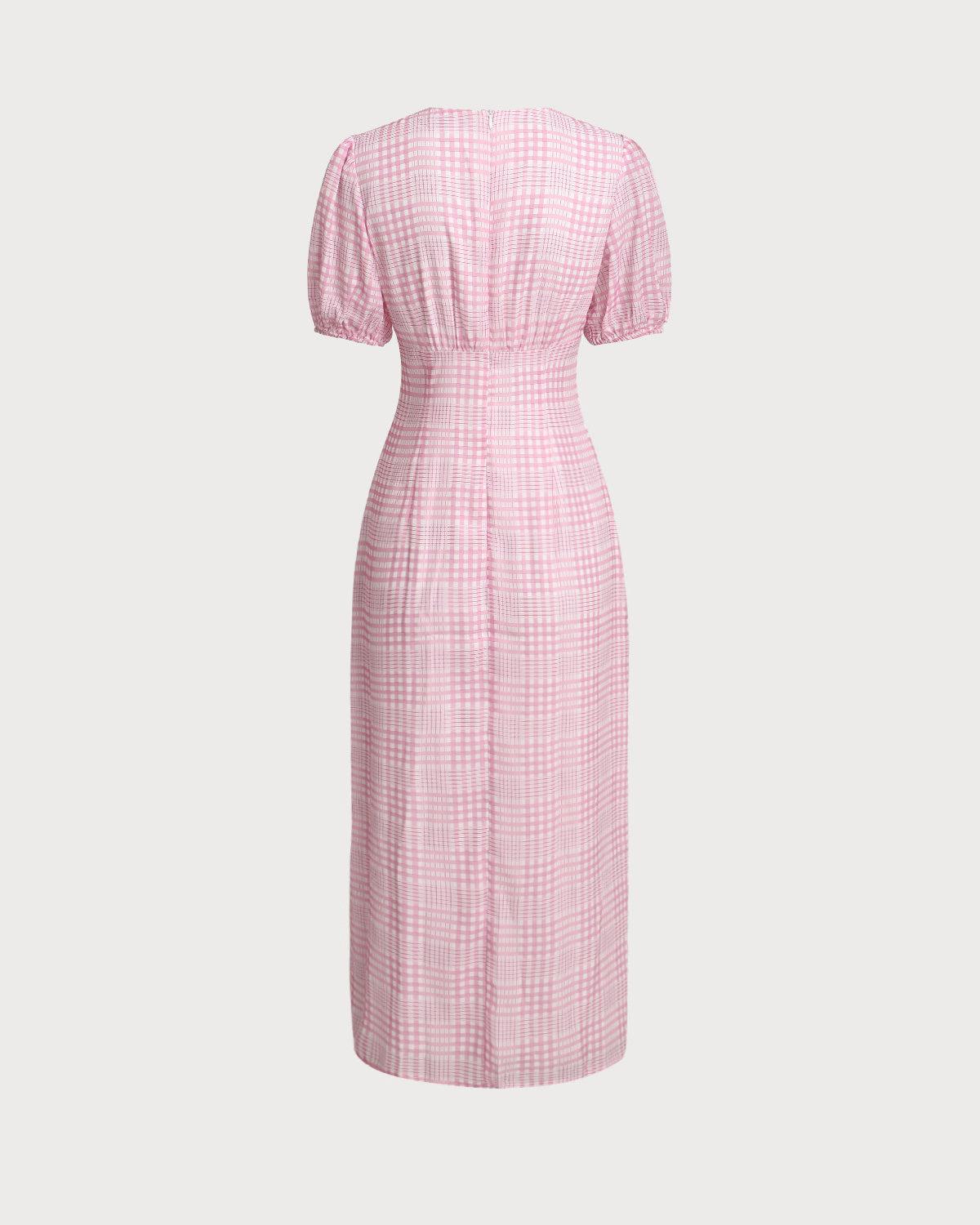 Pink Plaid V-Neck Midi Dress Product Image