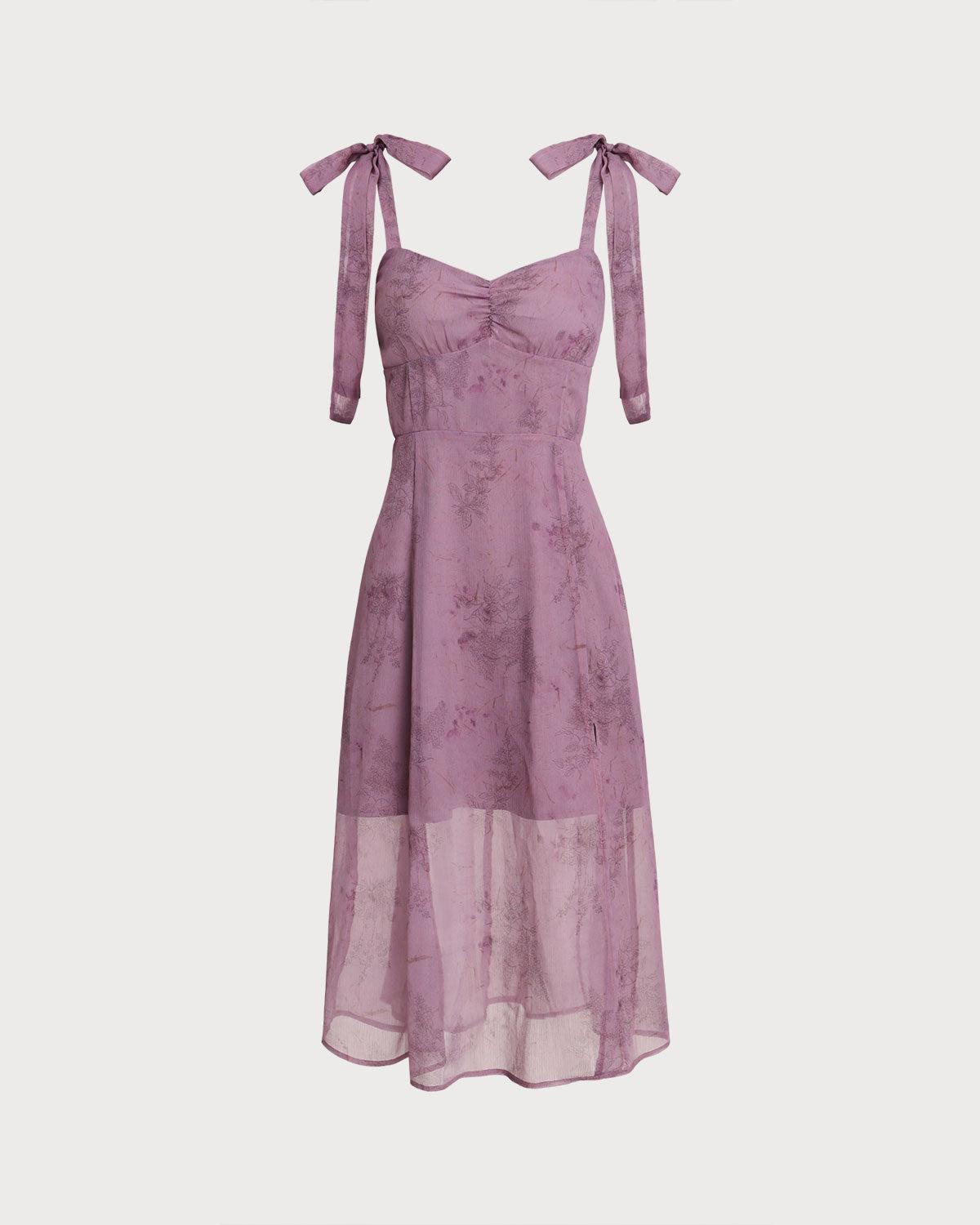 Purple Floral Tie Strap Midi Dress Product Image