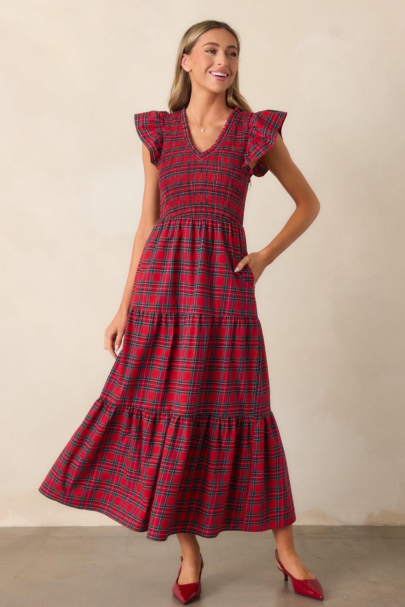 A Place To Be Cotton Red Plaid Midi Dress Product Image