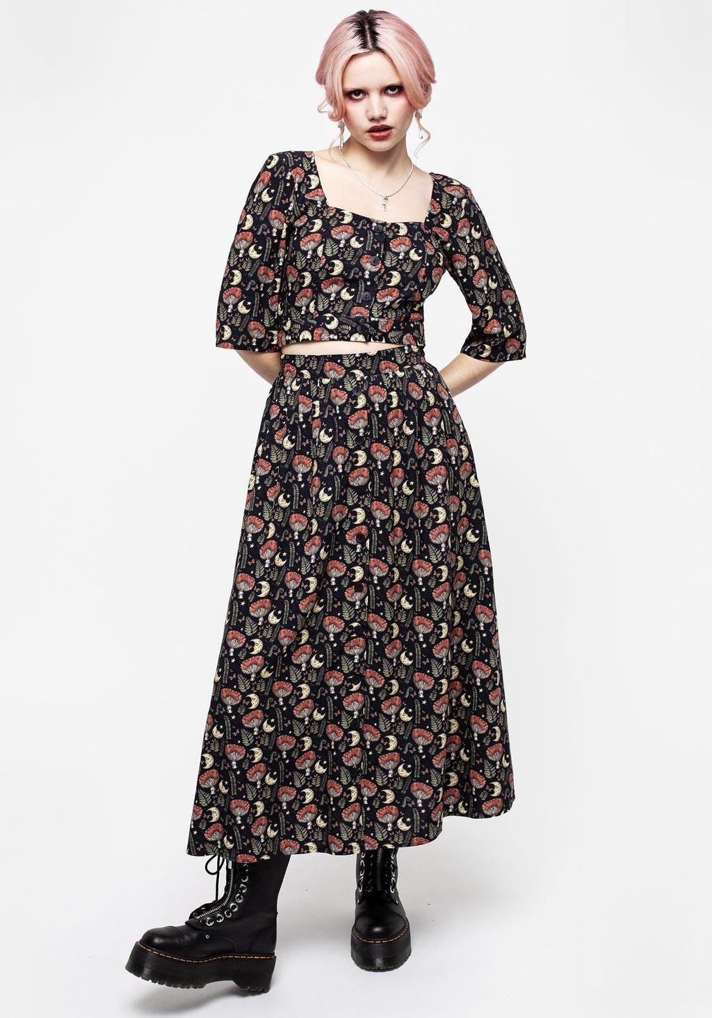 Dreamfast Mushroom Moon Print Button Up Midaxi Skirt Product Image