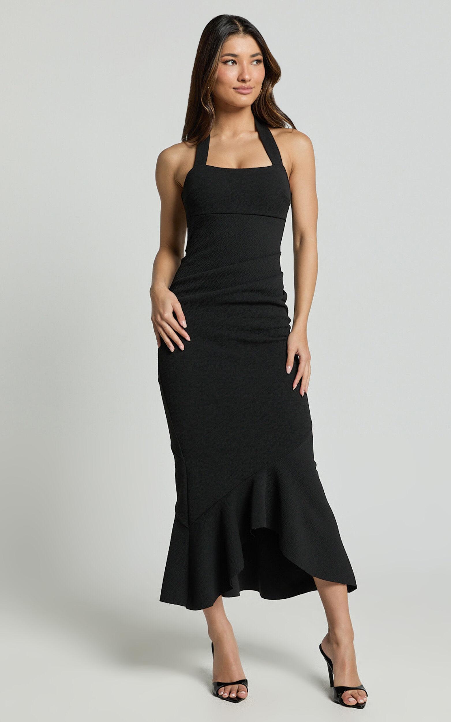 Maris Midi Dress - Full Length Halter Tie Neck Dress in Black Product Image
