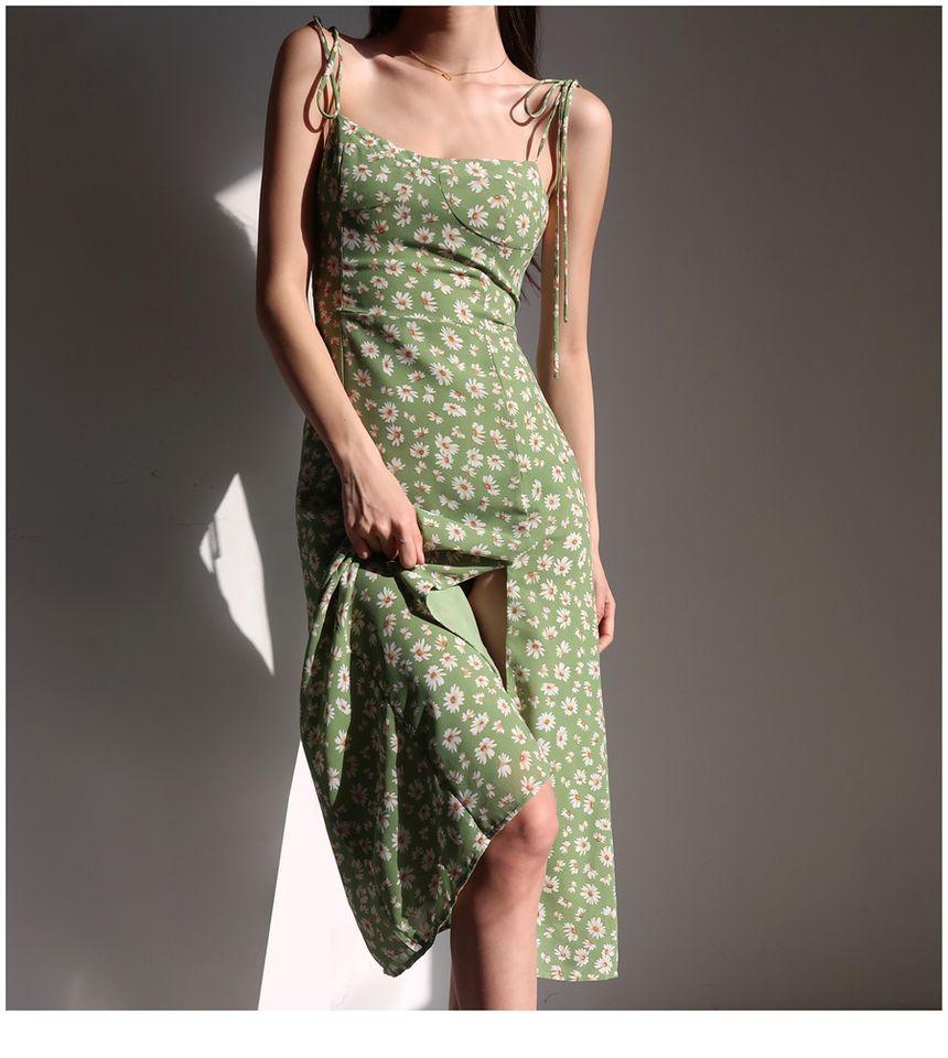 Spaghetti Strap Floral Slim-Fit Slit Midi Dress Product Image