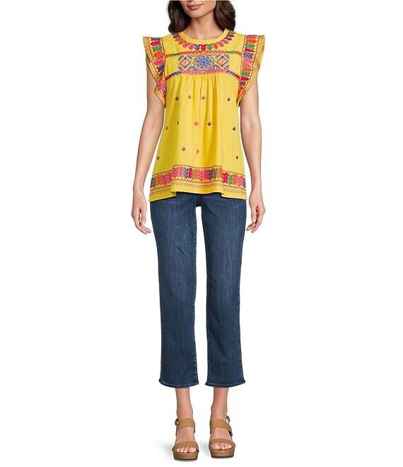 Calessa Embroidered Round Neck Ruffle Cap Sleeve Tunic Product Image