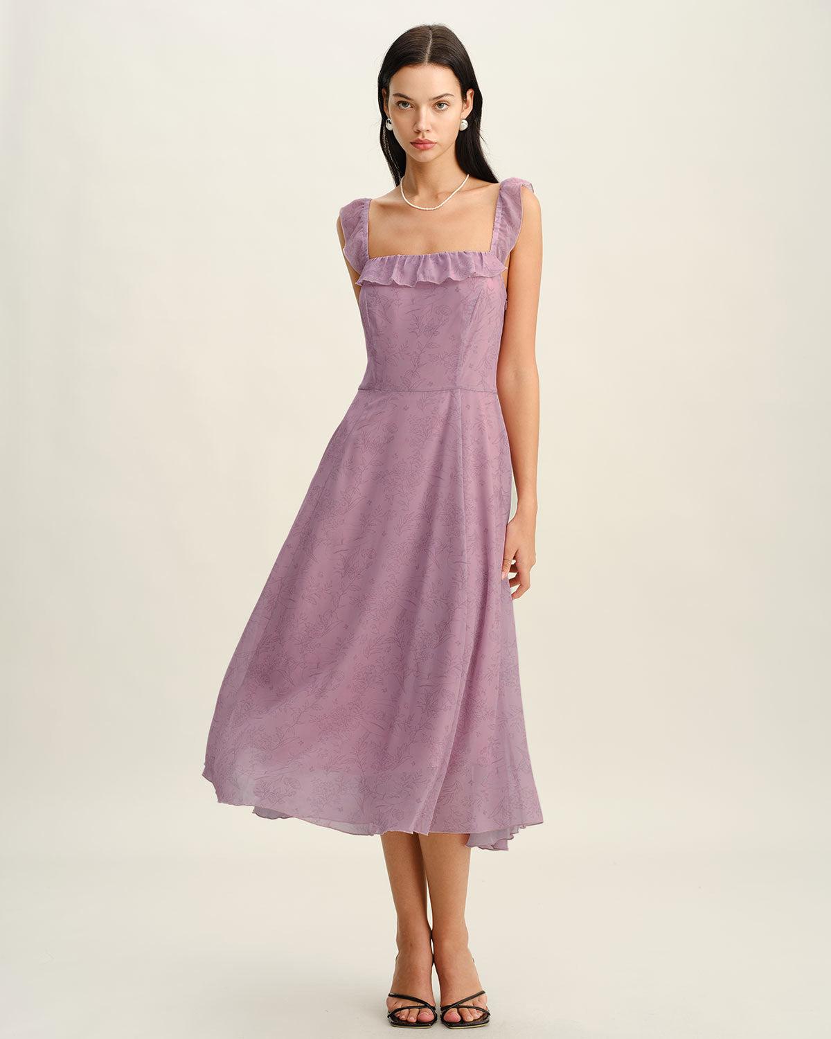 Purple Floral Square Neck Ruffle Slip Midi Dress Product Image