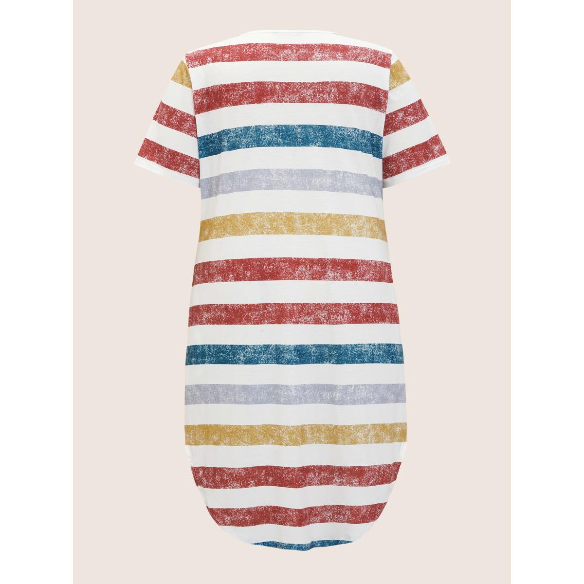 Plus Size Striped Contrast Arc Hem V Neck Pocket Dress Multicolor Women Playful Non V-neck Short sleeve Curvy Midi Dress BloomChic 12/L Product Image