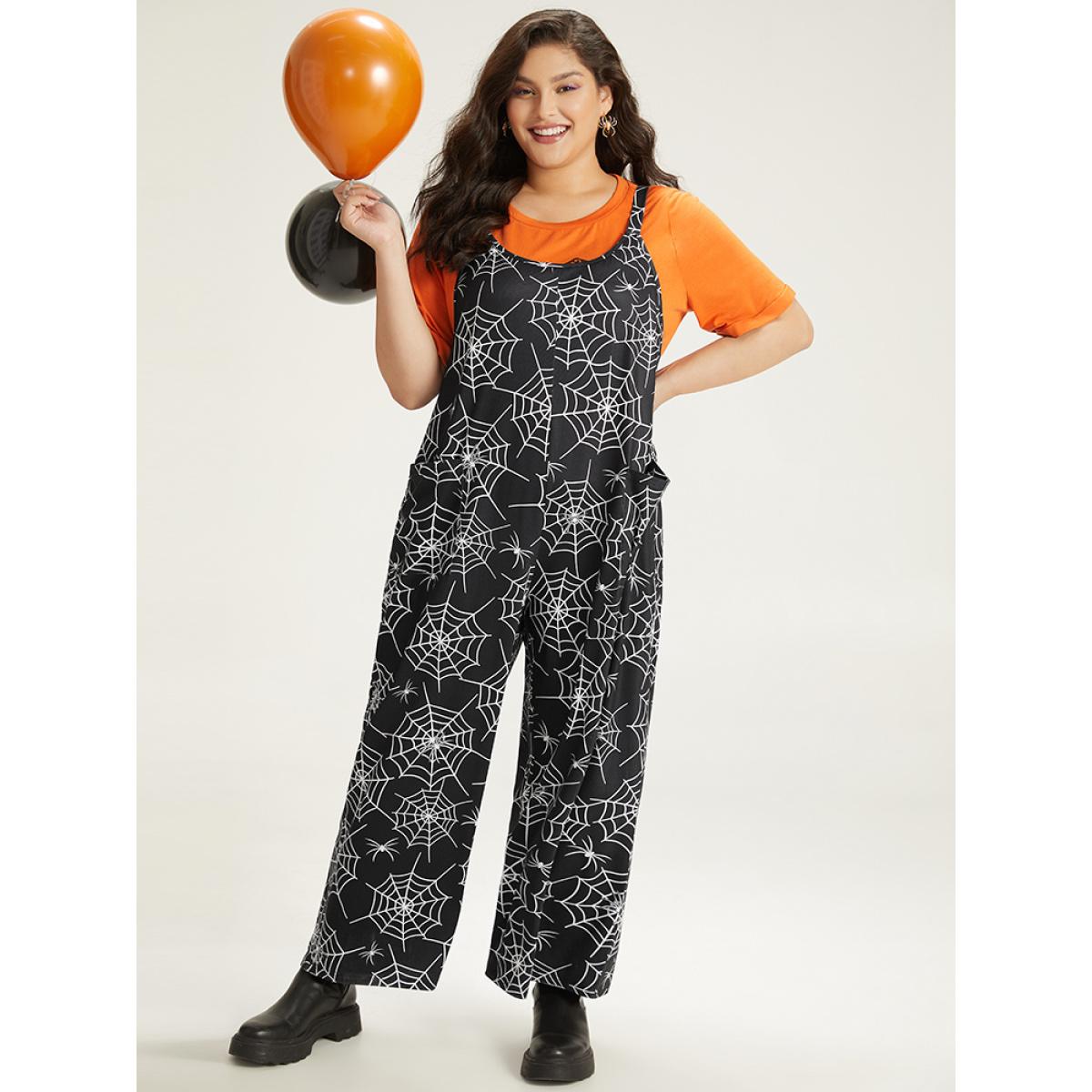 Plus Size DarkGreen Halloween Spider Web Print Pocket Overall Cami Jumpsuit Women Casual Sleeveless Spaghetti Strap Festival-Halloween Loose Jumpsuits BloomChic 22-24/3X Product Image