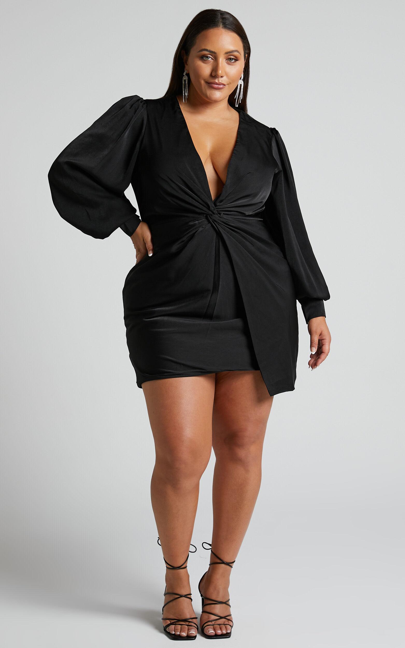 Billie Mini Dress - Twist Front Long Puff Sleeves Dress in Black Product Image