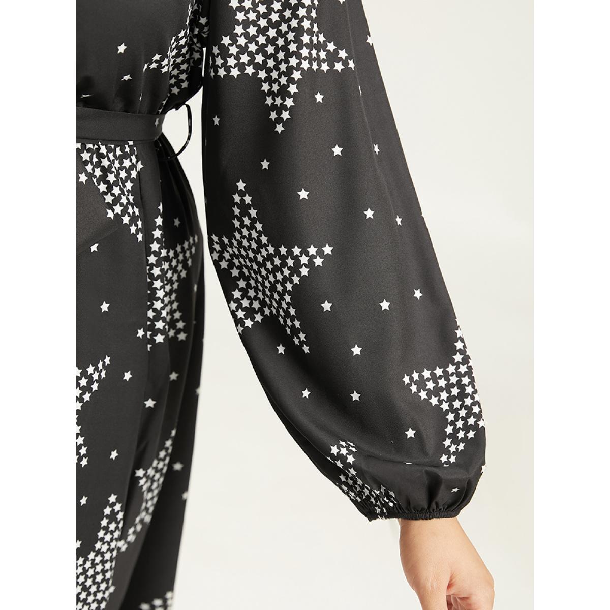 Plus Size Star Print Wrap Belted Lantern Sleeve Dress Black Women Casual Elastic cuffs V-neck Long Sleeve Curvy Midi Dress BloomChic 30/6X Product Image