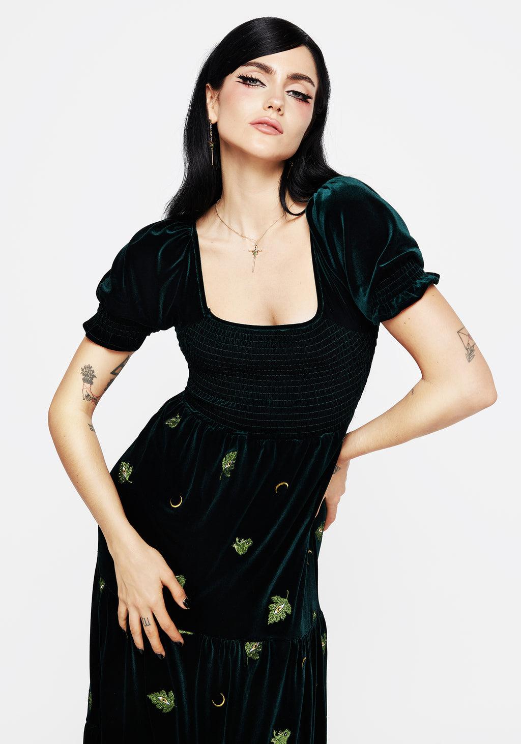 Swamplife Frog Embroidered Velour Tiered Midi Dress Product Image