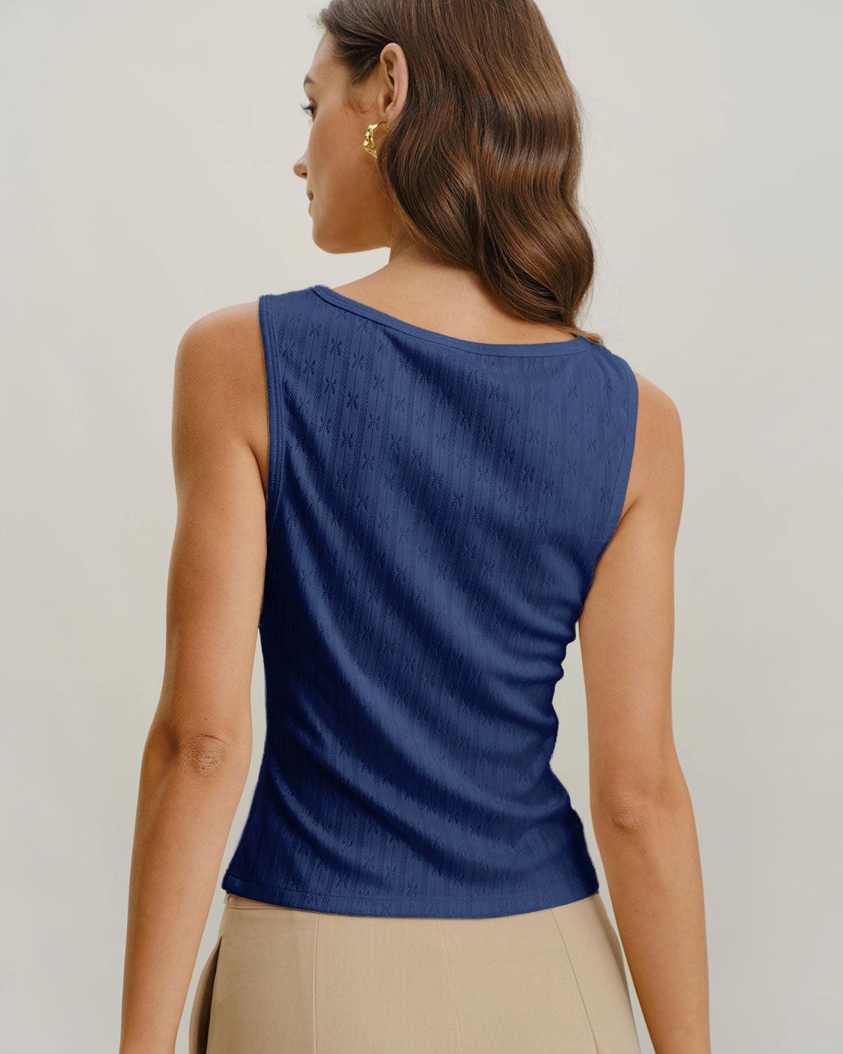 Blue Boat Neck Ribbed Knit Tank Top Product Image