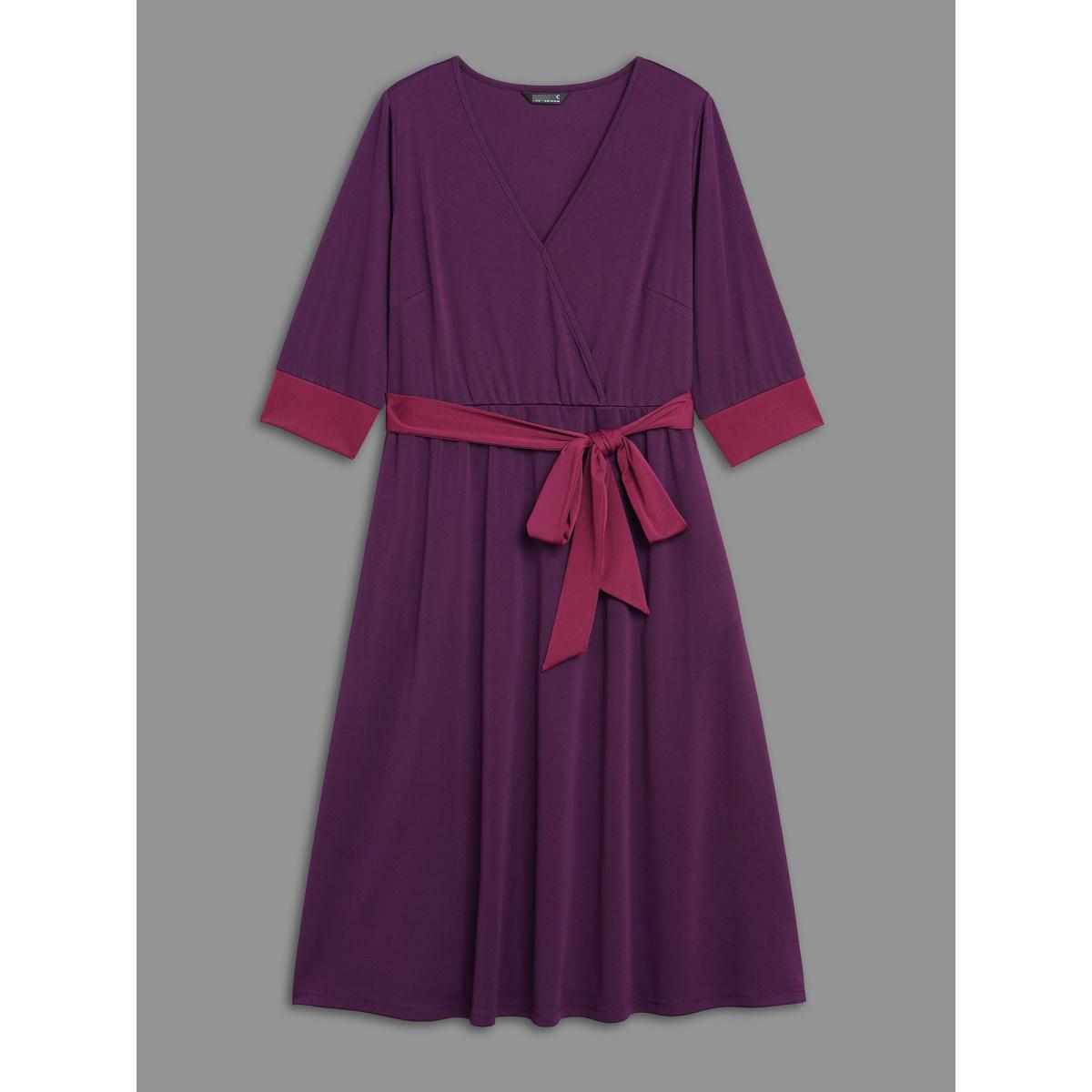 Plus Size Overlap Collar Contrast Belted Midi Dress Deeppurplered Women Elegant Belted Overlap Collar Elbow-length sleeve Curvy BloomChic 18-20/2X Product Image