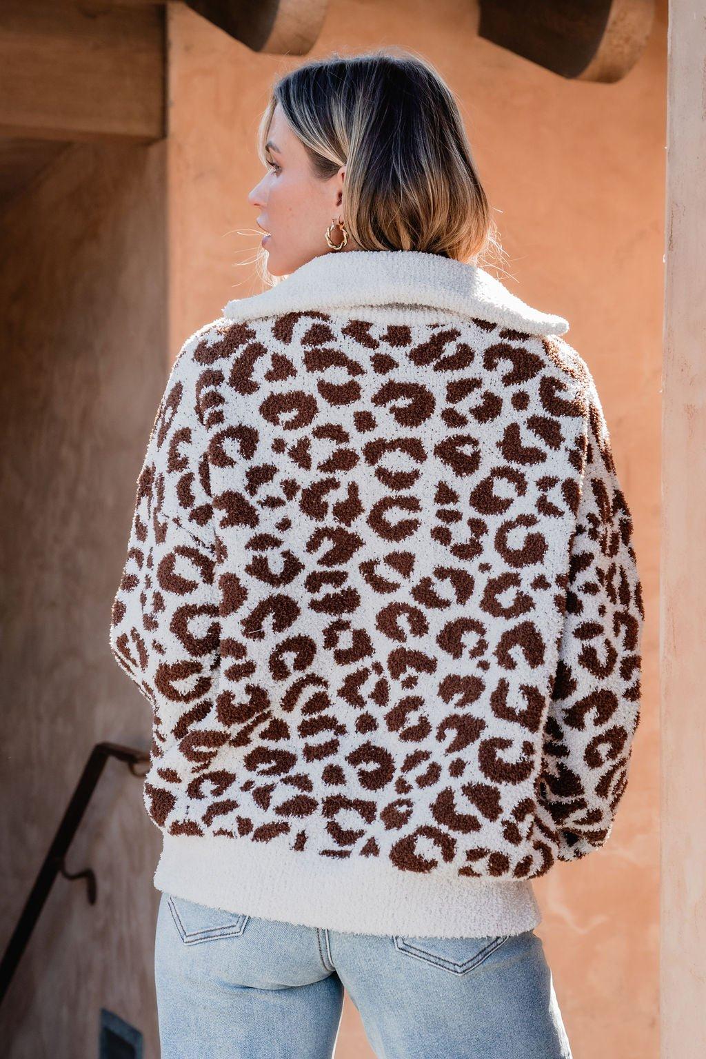 Fuzzy Tan Leopard Print Zip Up Sweater - FINAL SALE Product Image