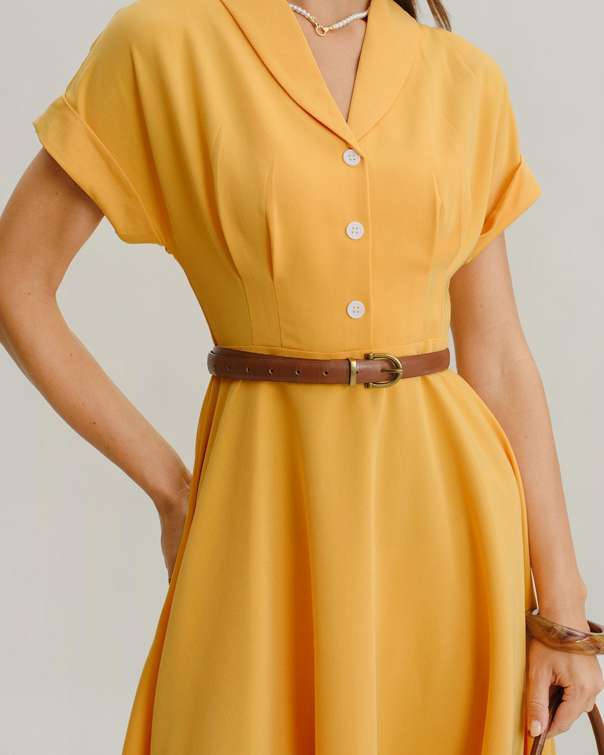 Yellow Cowl Sleeve Pleated Midi Dress Product Image