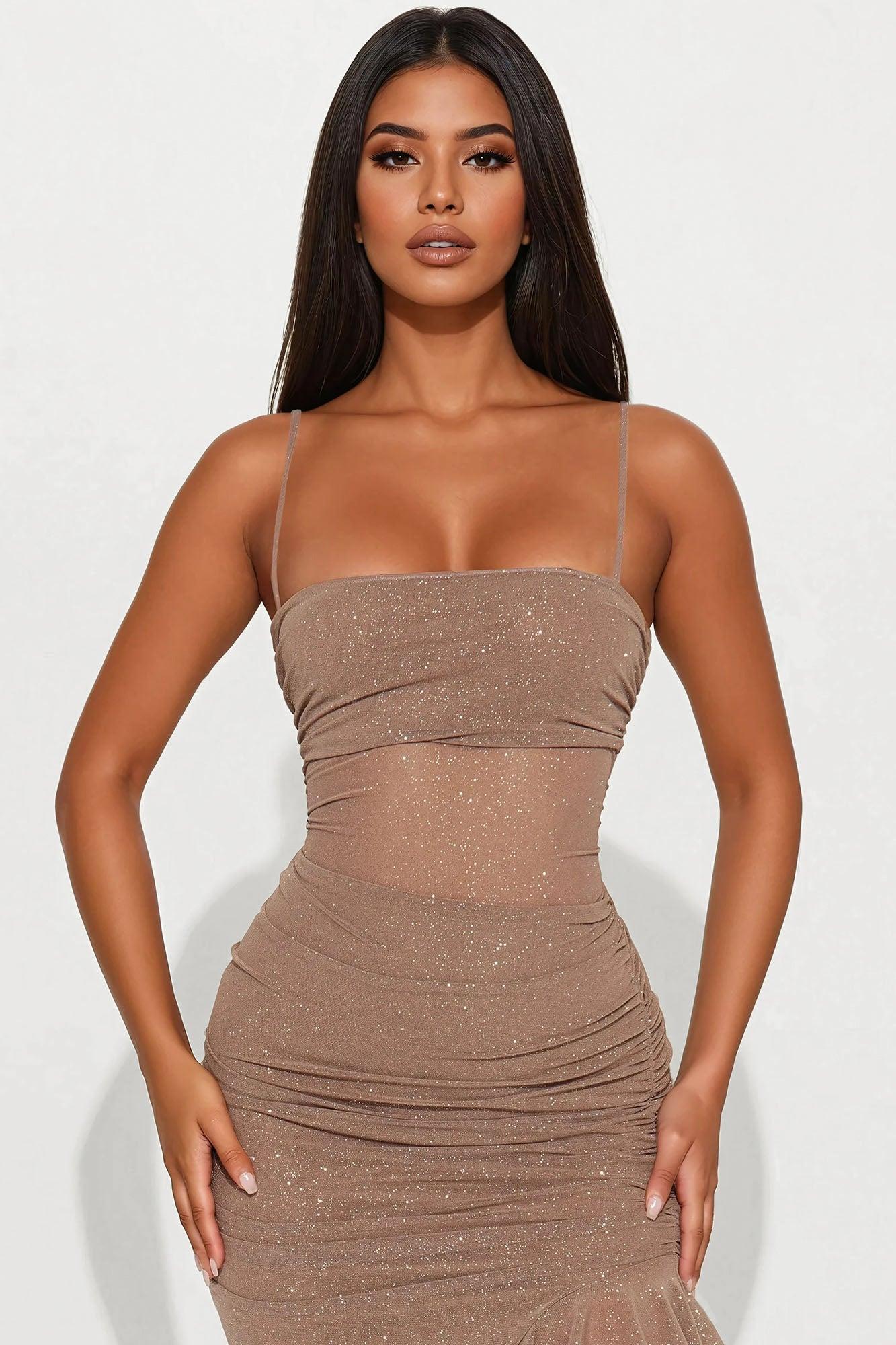 Up All Night Glitter Maxi Dress - Brown Product Image