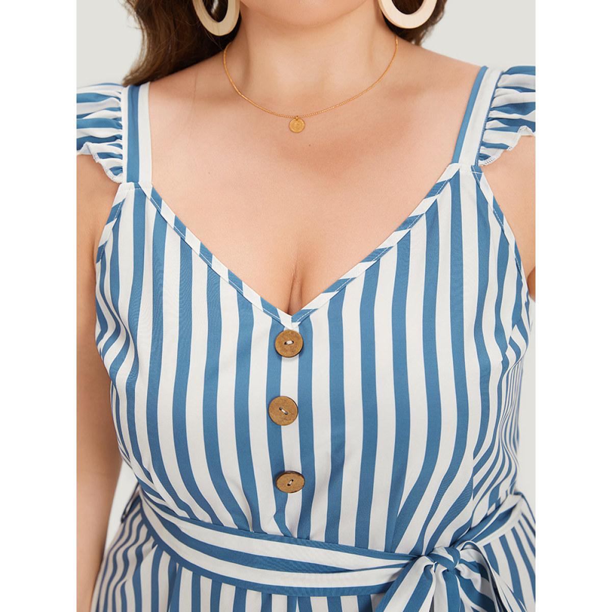 Plus Size Striped Ruffle Trim Button Detail Belted Dress Blue Women Elegant Belted V-neck Cap Sleeve Curvy Midi Dress BloomChic 12/L Product Image