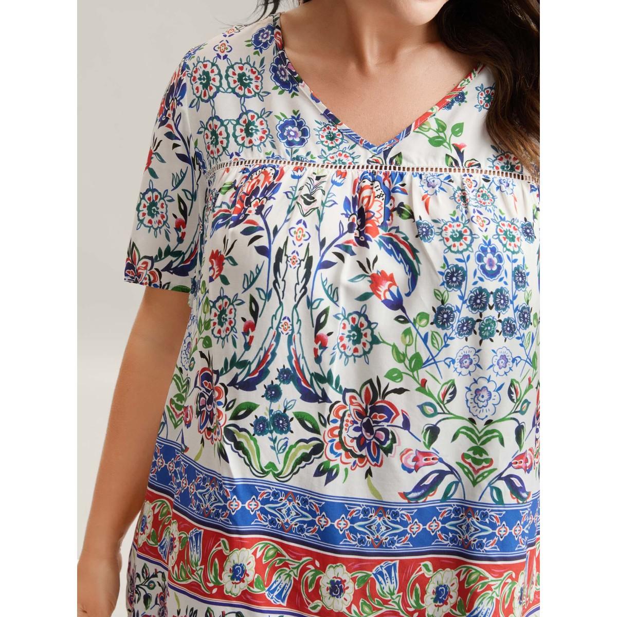 Plus Size Multicolor Rayon Floral Boho Print Lace Trim Blouse Women Short sleeve V-neck Elegant Blouses BloomChic 30/6X Product Image