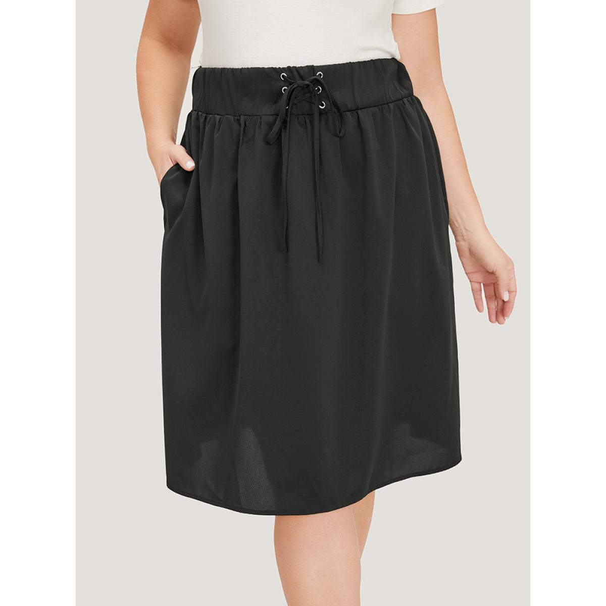 Plus Size Plain Pocket Lace Up Skirt Women Black Casual Plain No stretch Dailywear Skirts BloomChic 22-24/3X Product Image