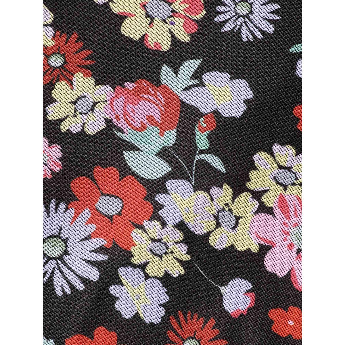 Plus Size Floral Mesh Patchwork Ruffles Tie Knot Swim Dress Women's Swimwear Black Beach Bodycon Heart neckline High stretch Curve Swim Dresses BloomChic 26/4X Product Image