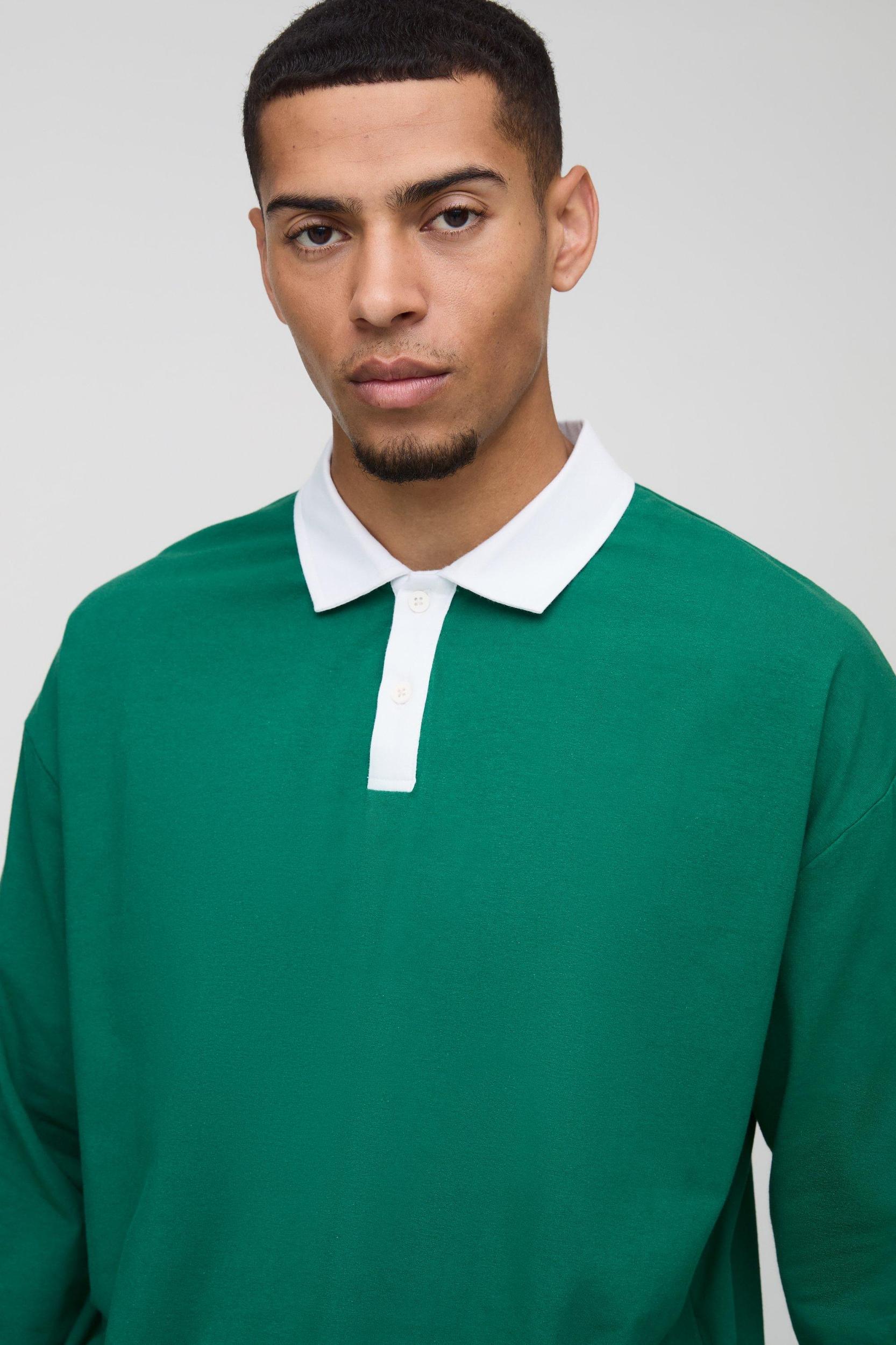 Oversized Boxy Long Sleeve Contrast Polo | boohooMAN USA Product Image
