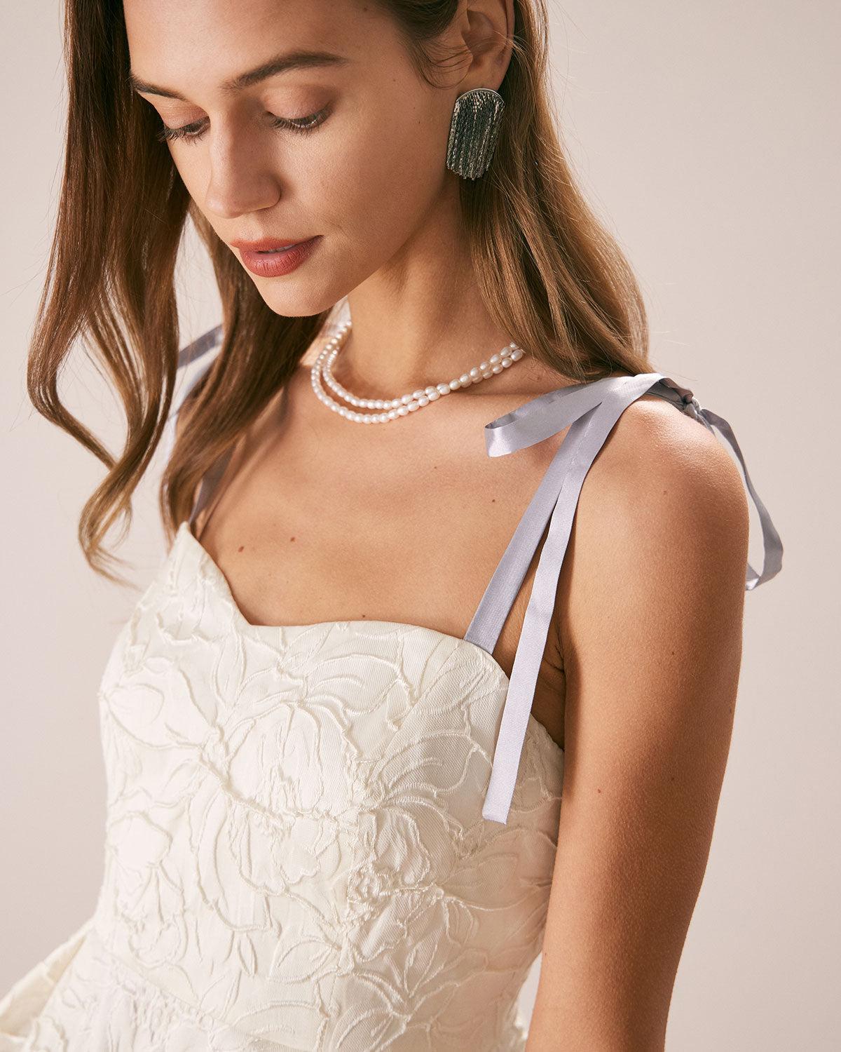 The Off White Jacquard Tie Strap Mini Dress Product Image