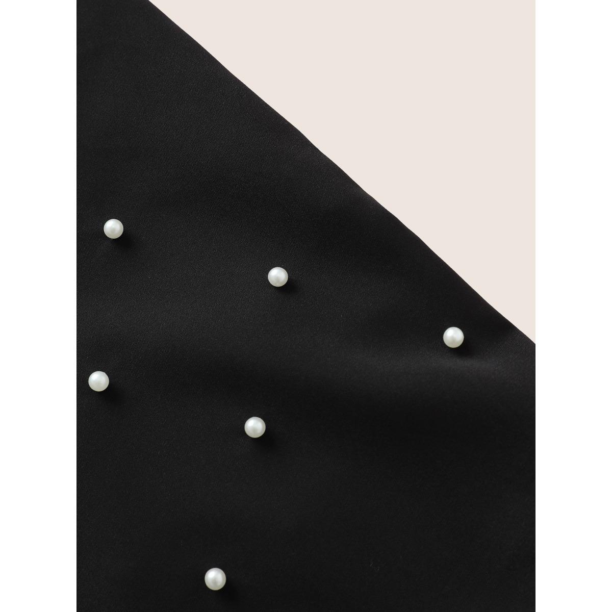Plus Size Black Solid Pearl Beaded Ruffle Layered Sleeve Blouse Women Elegant Short sleeve V-neck Everyday Blouses BloomChic 12/L Product Image