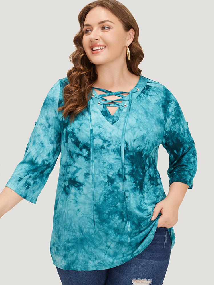 Tie Dye Roll Sleeve Lace Up T-shirt Female Product Image