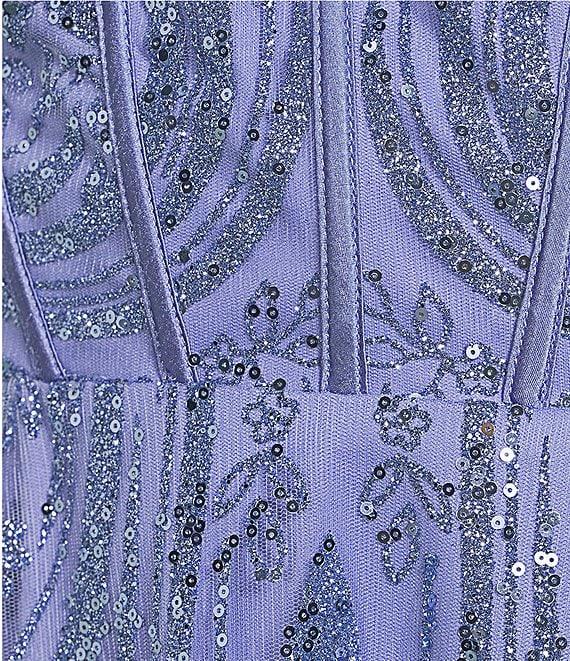 Blondie Nites Glitter Mesh Notch Front Lace Up Tie Back Fit-And-Flare Dress Product Image