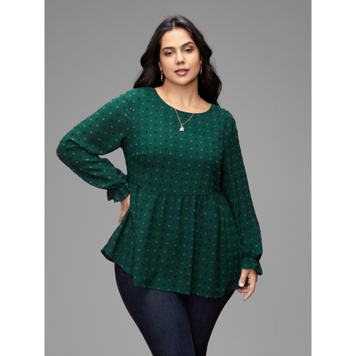 Plus Size Rust Textured Dot Elastic Cuffs A-line Blouse Women Leisure Long Sleeve Round Neck Casual Blouses BloomChic 26/4X Product Image