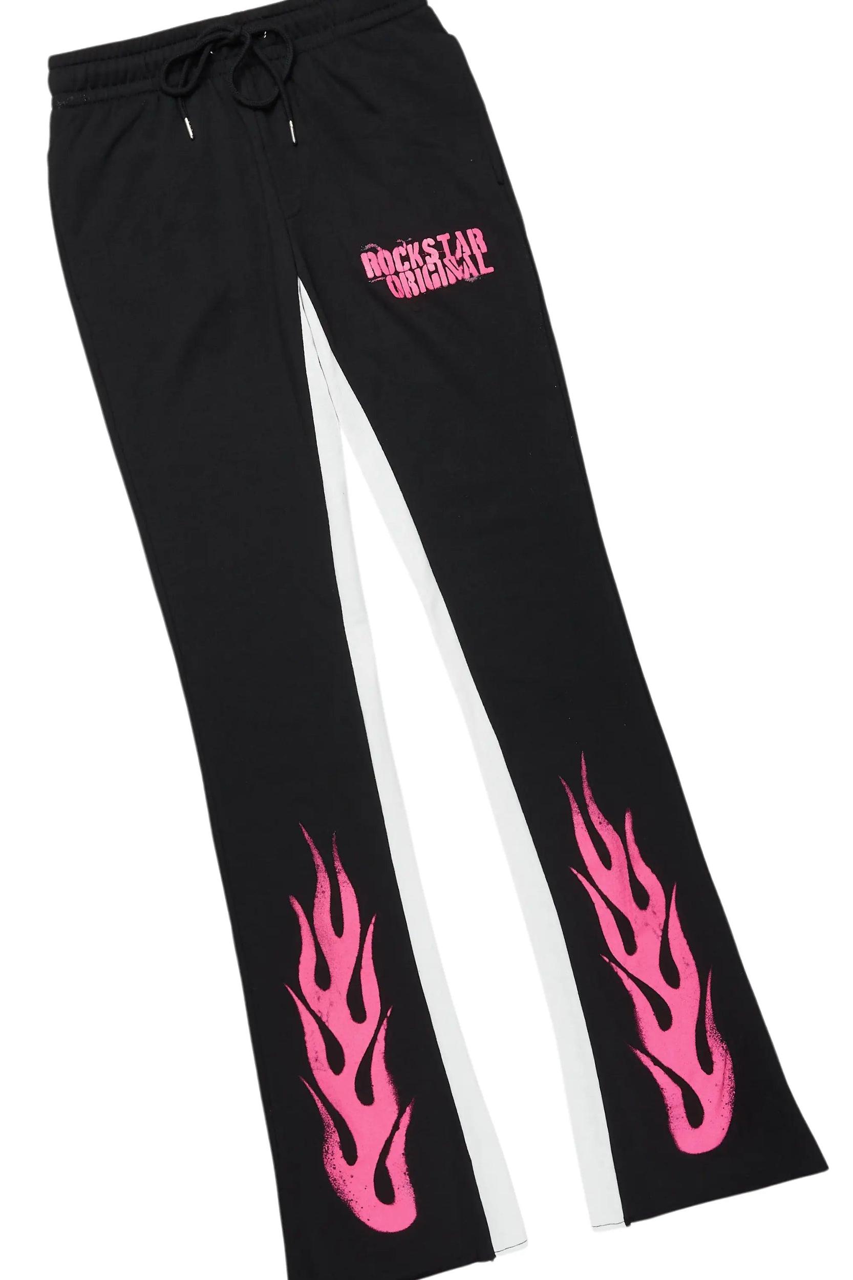 Banyan Black/Pink Long Sleeve T-Shirt/Stacked Baggy Track Pant Set Male Product Image