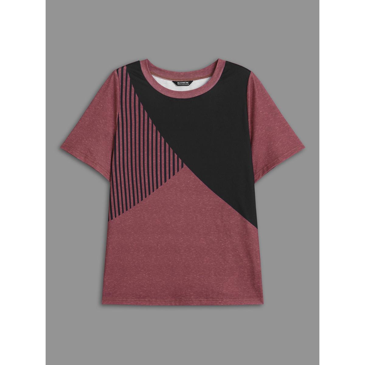 Plus Size Striped Print Contrast Stretchy T-Shirt Russet Women Casual Contrast Round Neck Everyday T-shirts BloomChic 18-20/2X Product Image