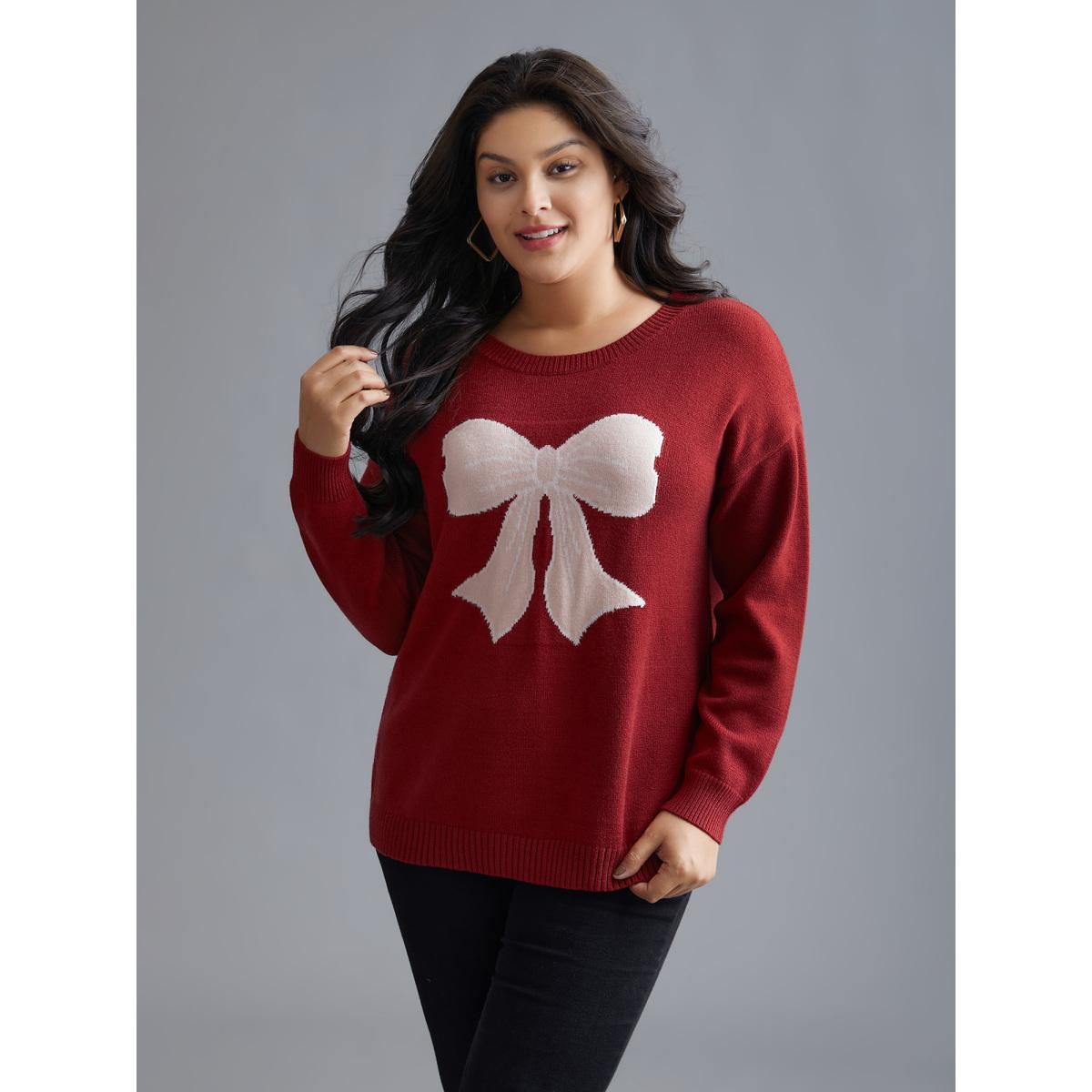 Plus Size Embroidered Bow Tie Drop Shoulder Pullover Deepred Women Playful Loose Long Sleeve Round Neck Casual Pullovers BloomChic 26/4X Product Image