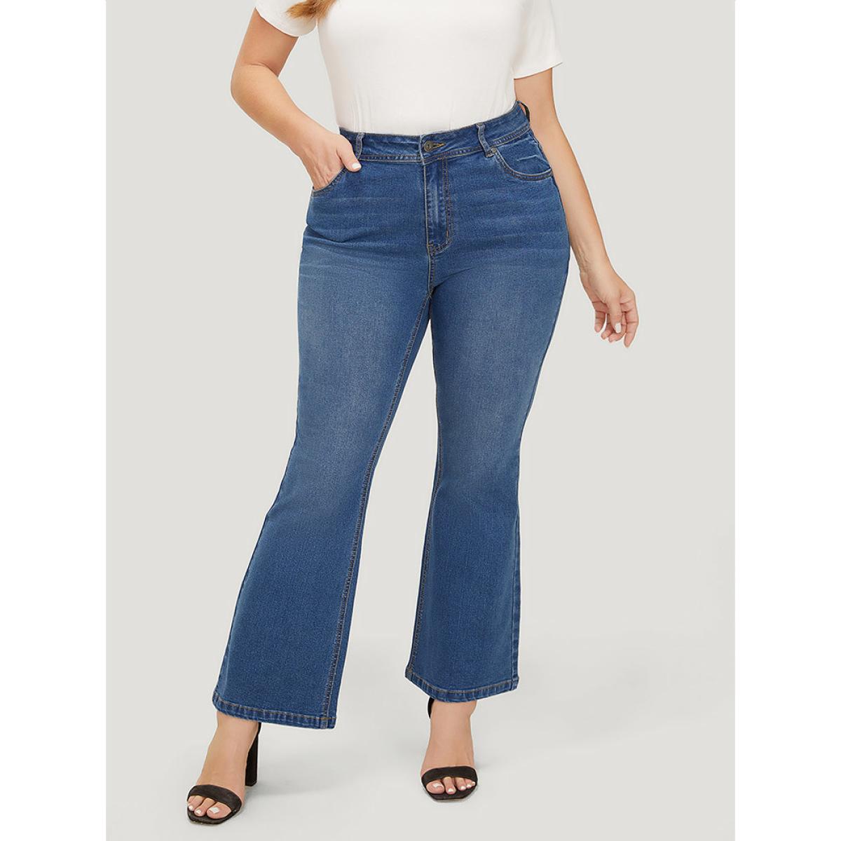 Plus Size Flare Leg Very Stretchy Medium Wash Jeans Women Blue Casual Plain High stretch Pocket Jeans BloomChic 30/6X Product Image