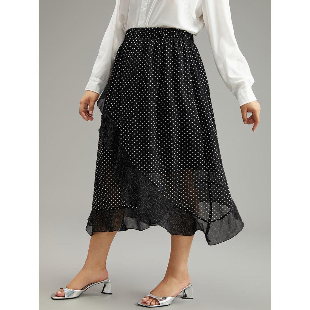Plus Size Polka Dot Ruffles Elastic Waist Mesh Patchwork Skirt Women Black Elegant See through No stretch Dailywear Skirts BloomChic 22-24/3X Product Image
