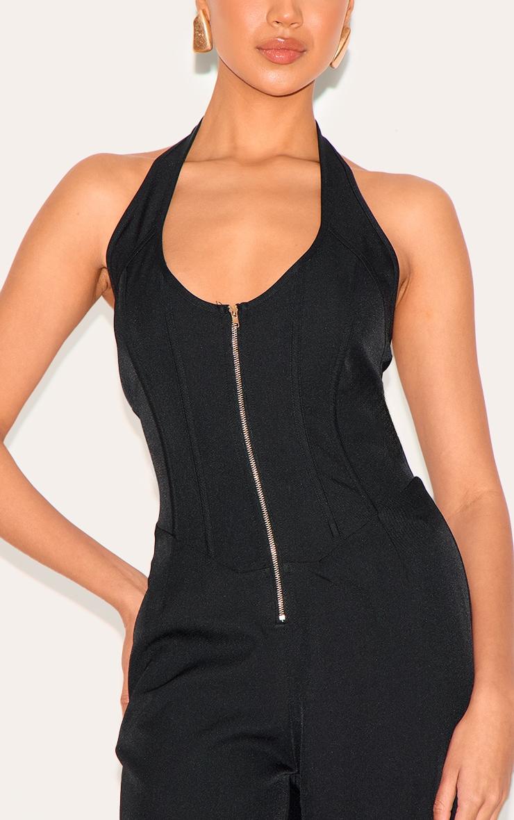  Black Dipped Corset Zip Front Wide Leg Jumpsuit Product Image