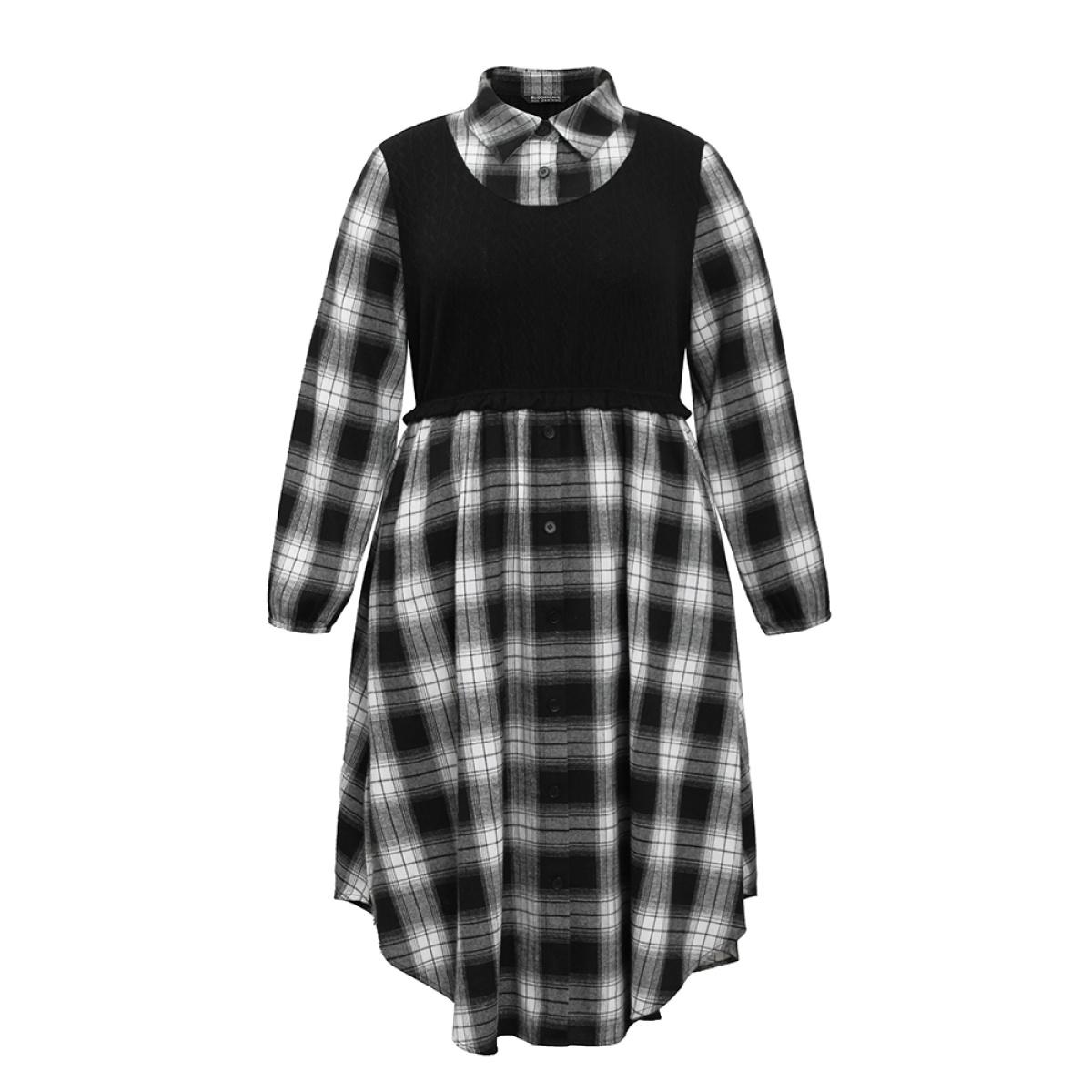 Plus Size Plaid Patchwork Jacquard Button Detail Arc Hem Dress Black Women Casual Elastic cuffs Shirt collar Long Sleeve Curvy Midi Dress BloomChic 18-20/2X Product Image