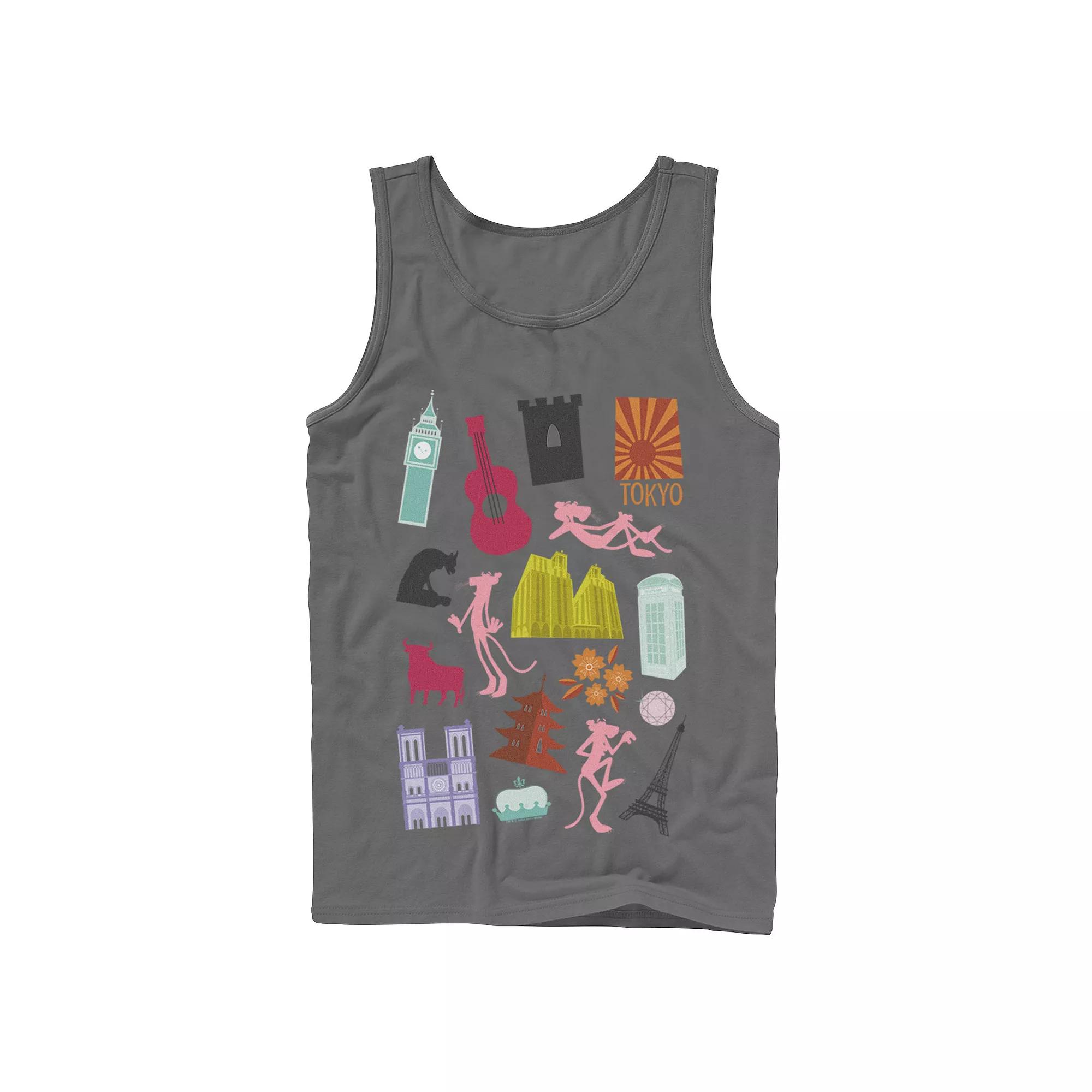 Mens Pink Panther Around The World Doodles Tank Top Grey Product Image