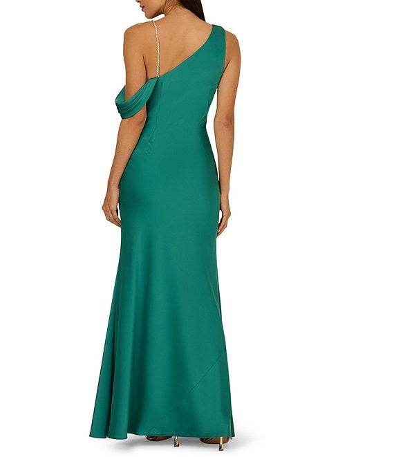 Adrianna Papell Stretch Satin Asymmetrical One Shoulder Neck Rhinestone Strap Pleated Sheath Dress Product Image