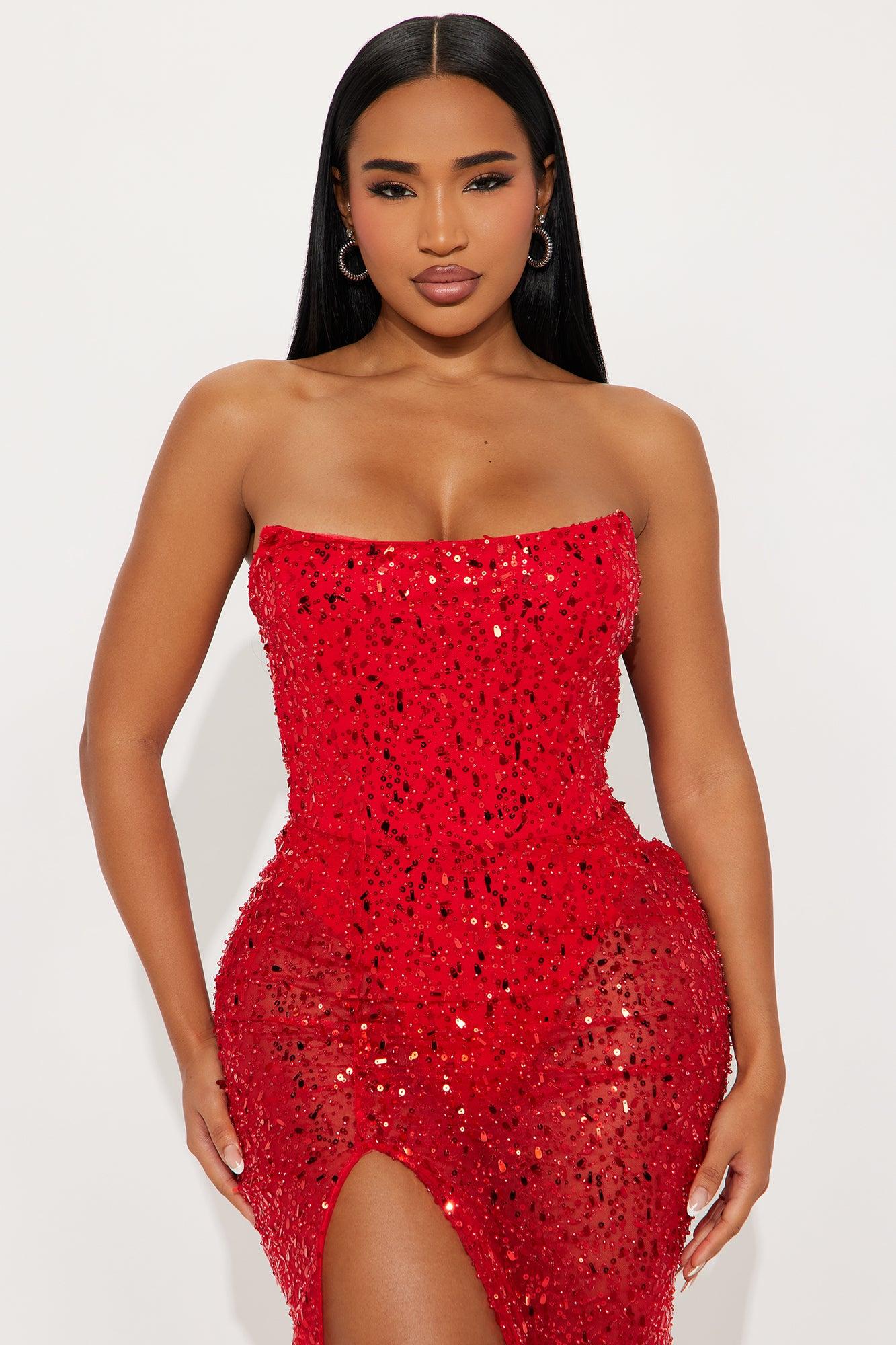 Temptation Sheer Sequin Gown - Red Female Product Image