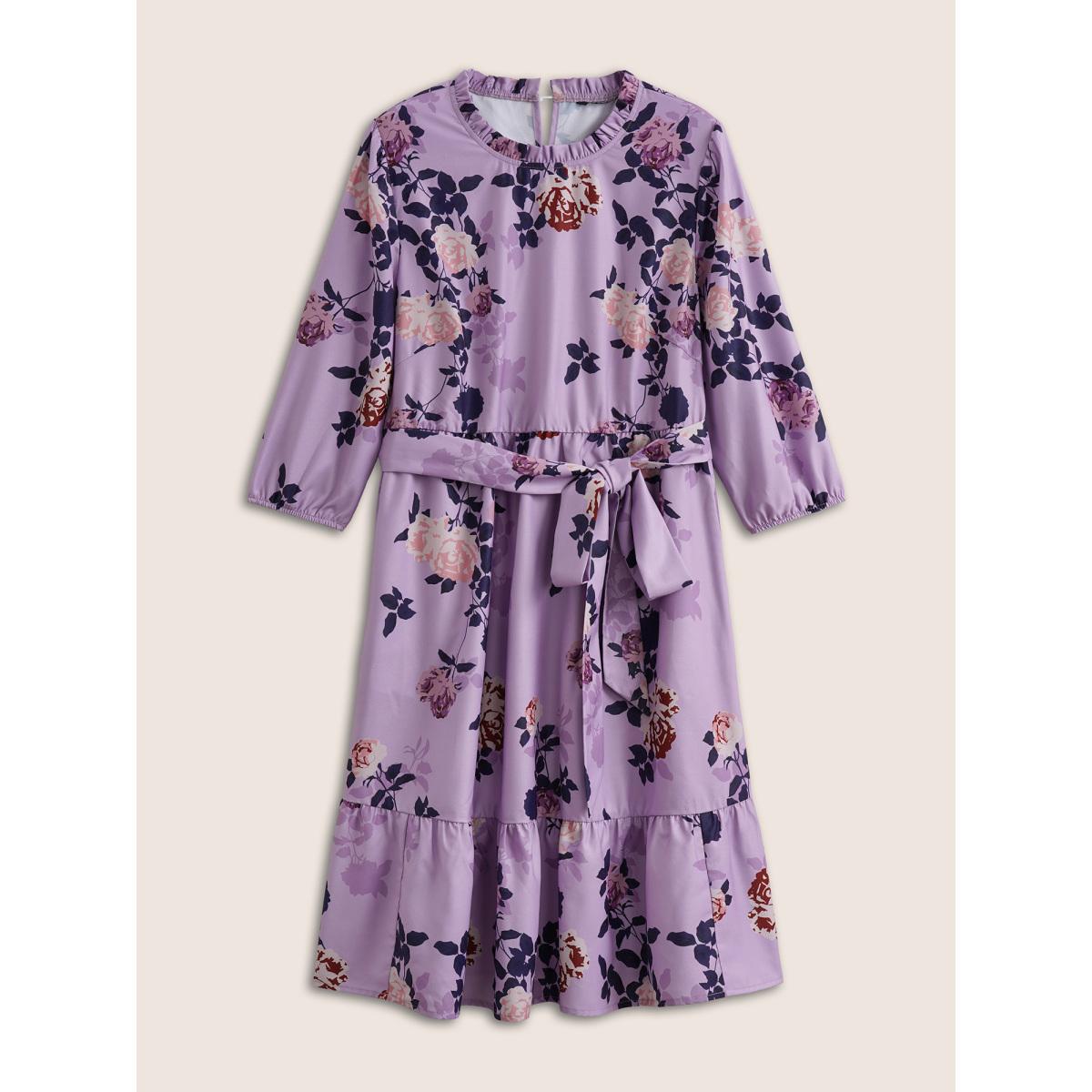 Plus Size Floral Print Belted Pocket Frill Trim Dress Lilac Women Elegant Non Round Neck Elbow-length sleeve Curvy Knee Dress BloomChic 28/5X Product Image