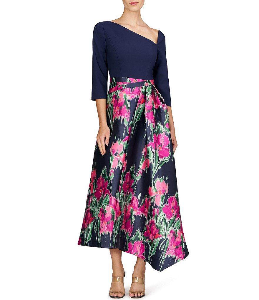 Kay Unger Giovana Asymmetrical Neck 3/4 Sleeve Mixed Media Aline Midi Dress Product Image