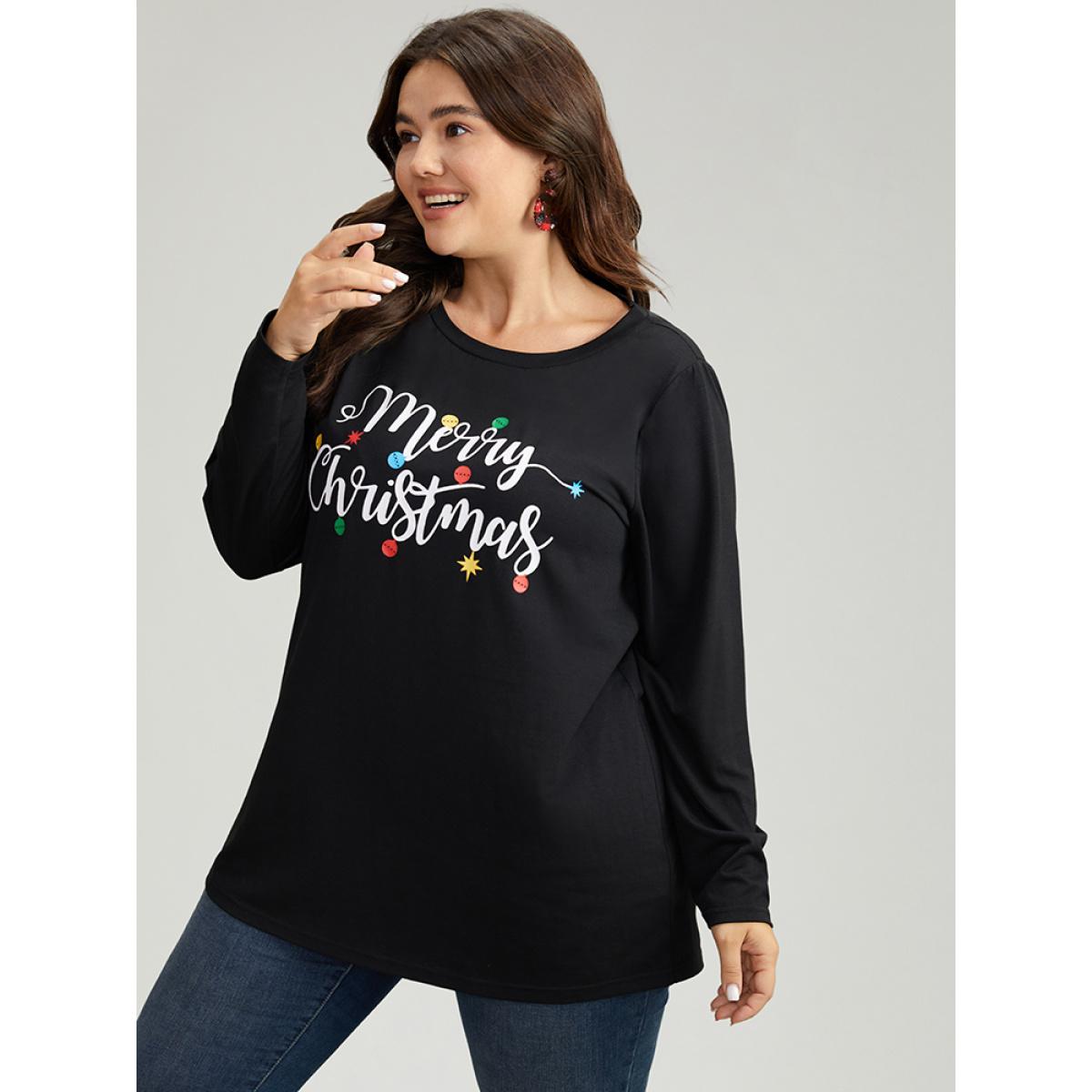 Plus Size Christmas Letter Print Crew Neck T-shirt Black Women Casual Printed Christmas Festival-Christmas T-shirts BloomChic 22-24/3X Product Image