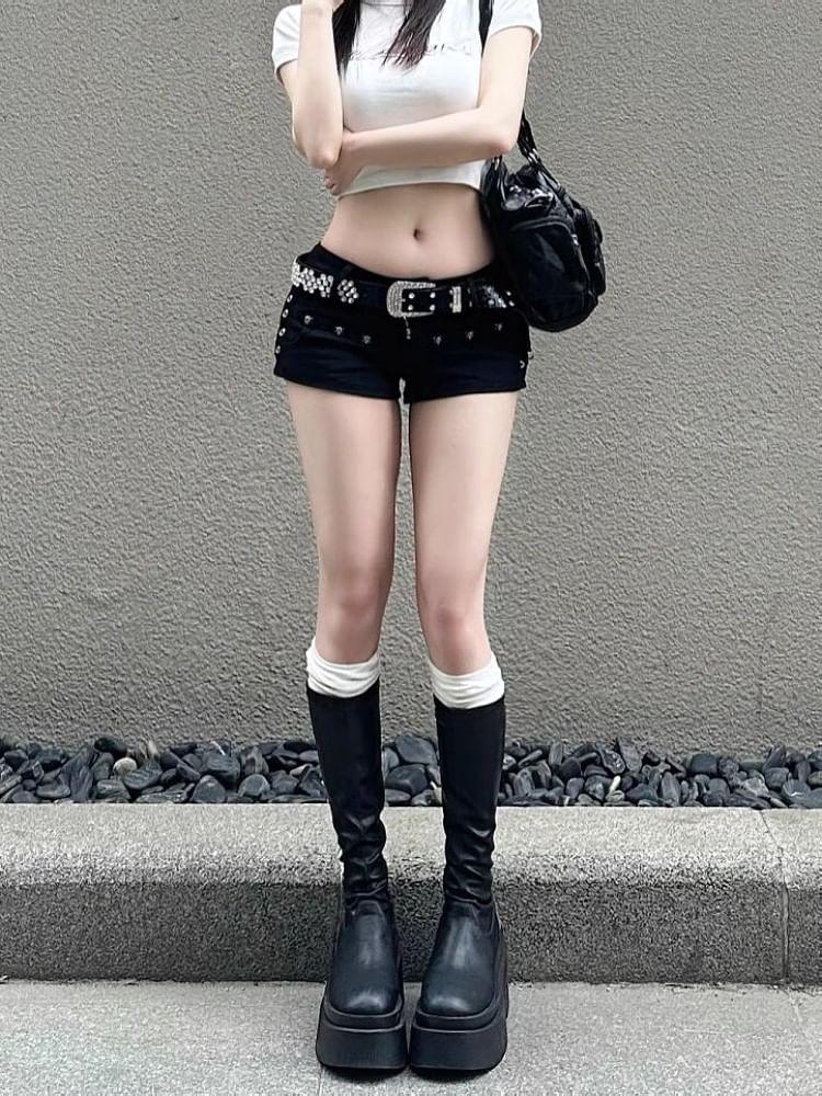 Low Rise Studded Denim Hot Pants Product Image